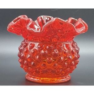 Vintage Fenton Orange Hobnail Ruffled Edge Vase Votive Holder Retro Orange  3